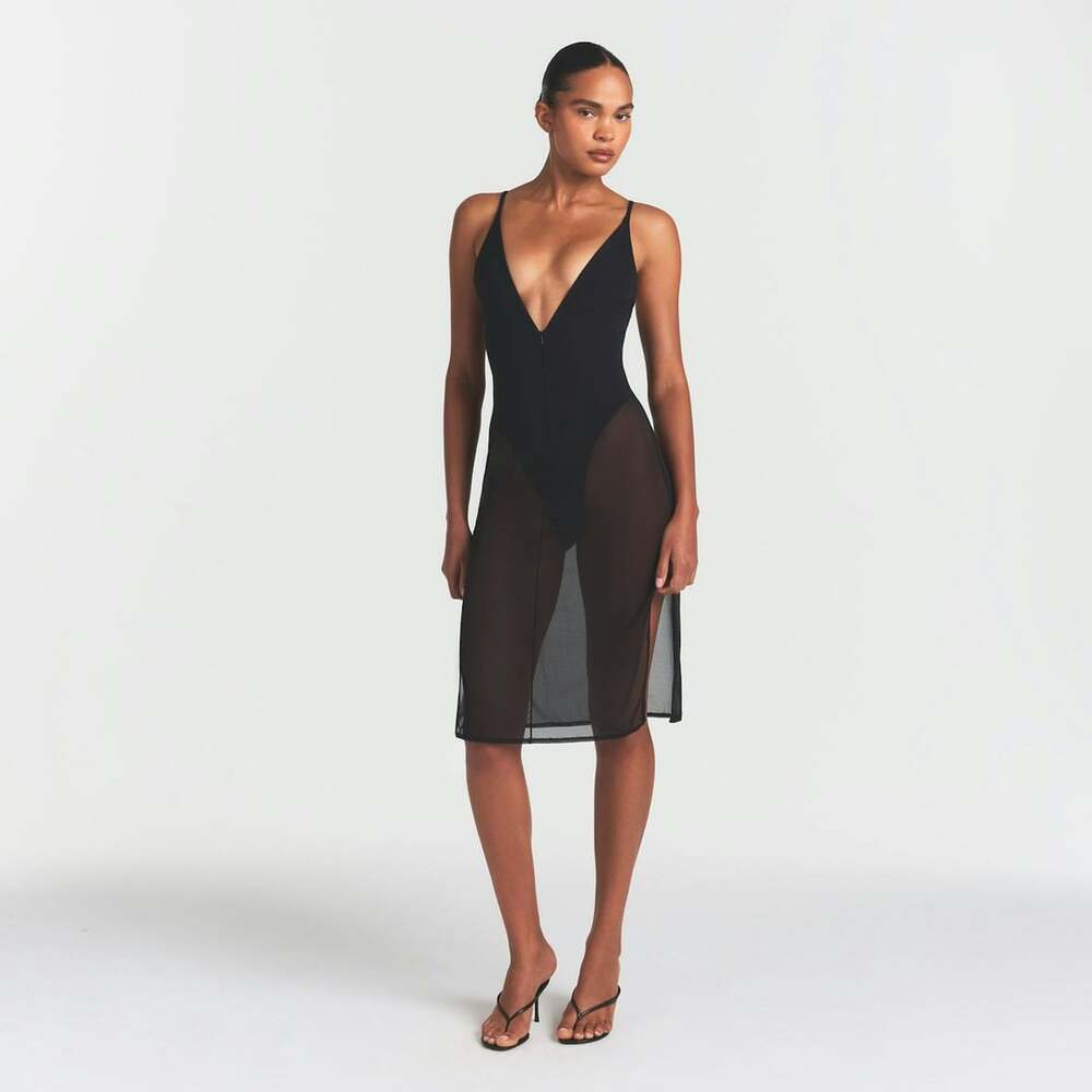 SKIMS Body Mesh Plunge Midi Dress in Onyx Small